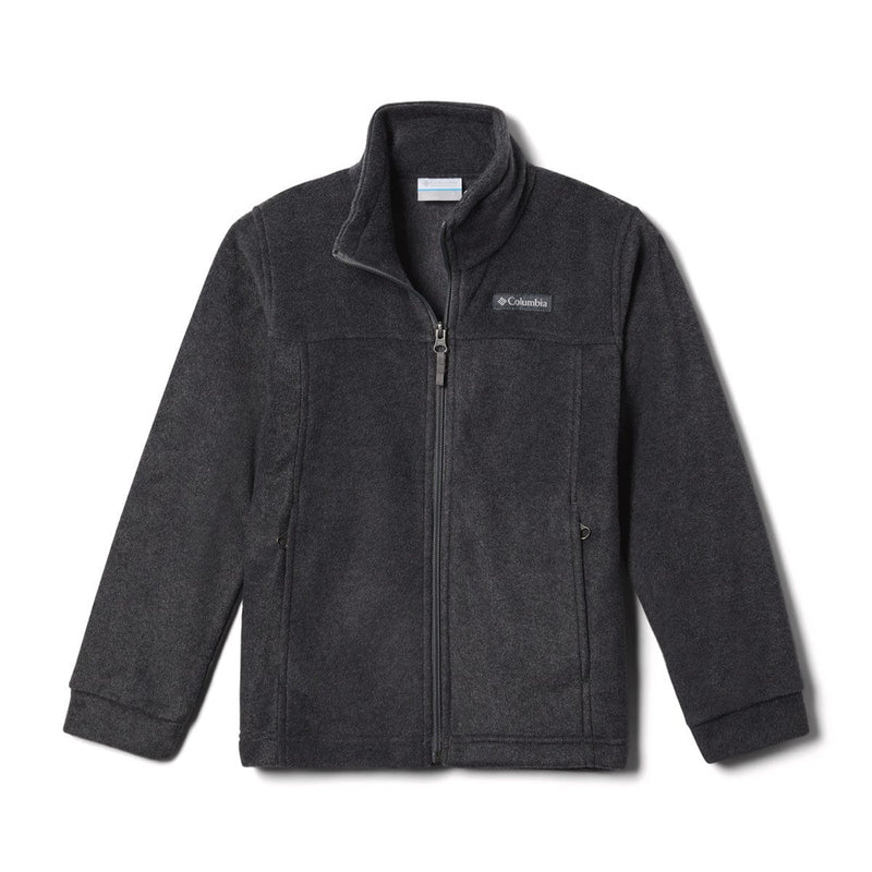 Load image into Gallery viewer, Dark gray fleece jacket with Columbia logo on a white background