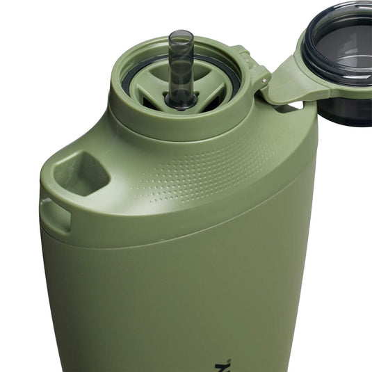 Green water bottle with straw lid on a white background