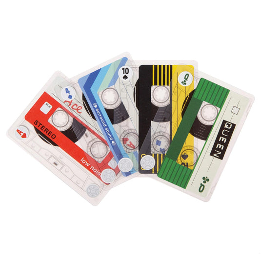 Five cassette tape-shaped cards with different designs on a white background