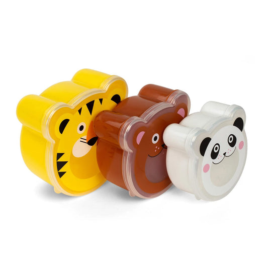 Three animal-themed containers shaped like a lion, bear, and panda on a white background
