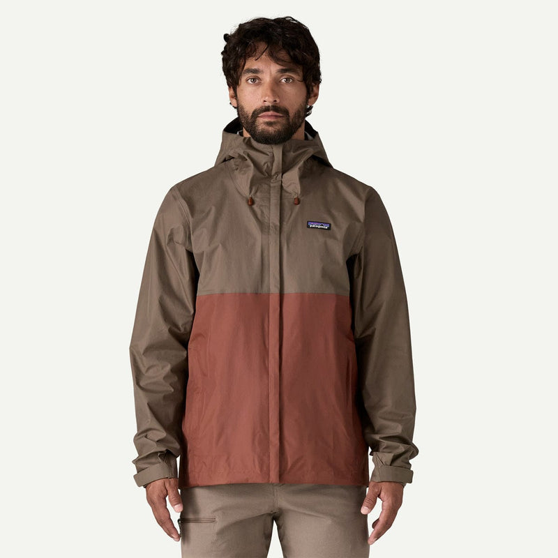 Load image into Gallery viewer, Man wearing a two-tone rain jacket with a visible brand logo on a white background