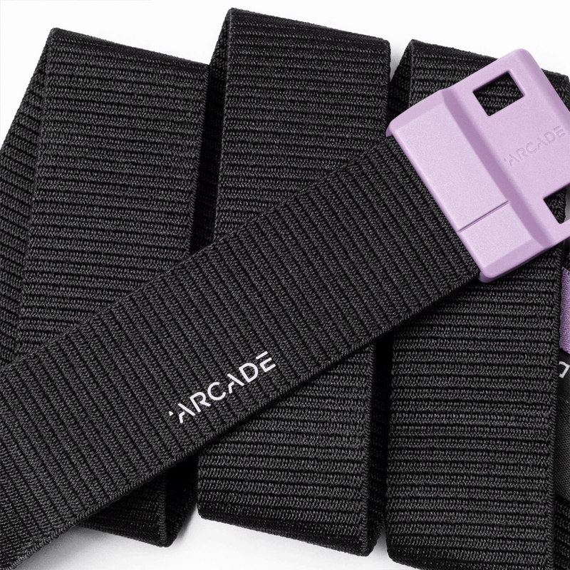Load image into Gallery viewer, Black belts with purple buckle on a white background