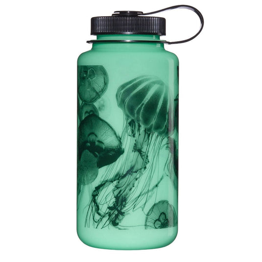 Green water bottle with jellyfish design on a white background