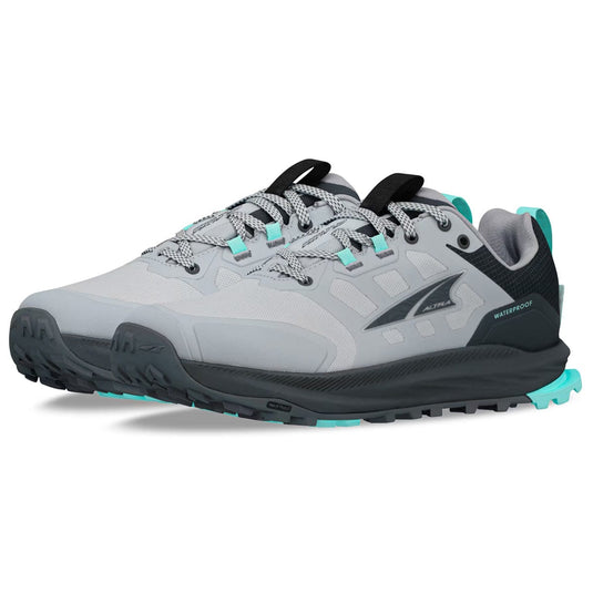 Gray and black athletic shoe with teal accents on a white background