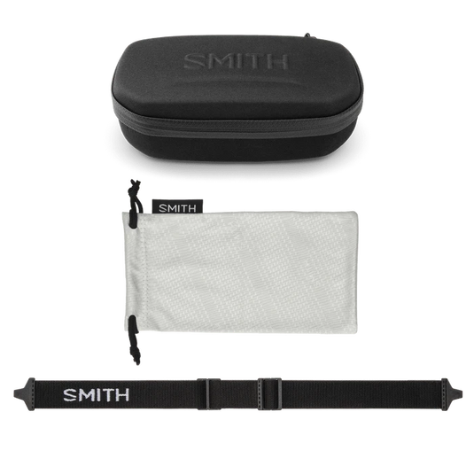 Smith brand eyewear case, cleaning cloth, and strap on a white background