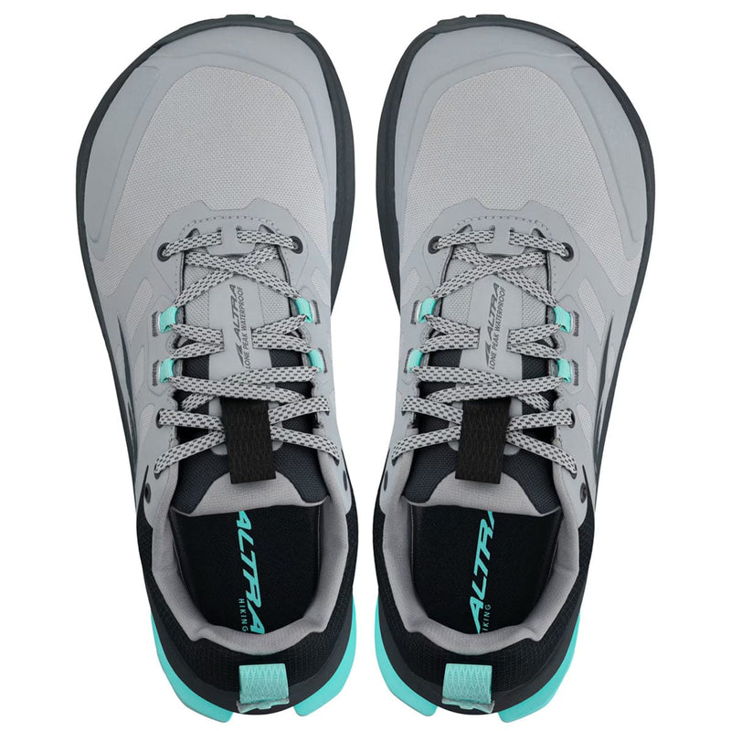 Load image into Gallery viewer, Gray and black athletic shoes with teal accents on a white background