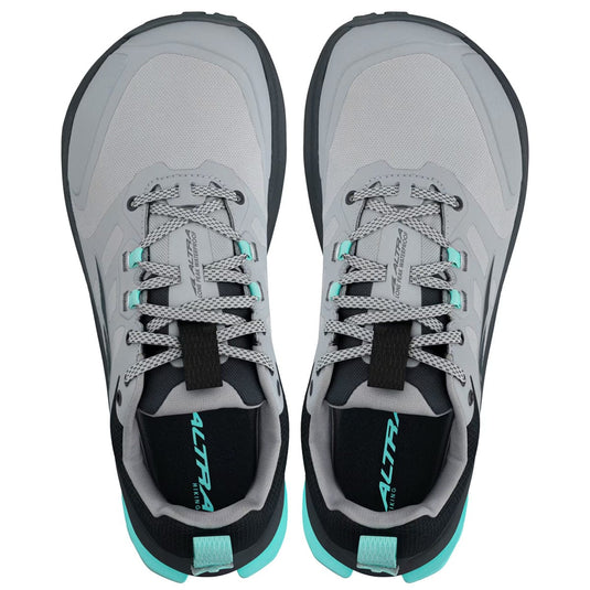 Gray and black athletic shoes with teal accents on a white background