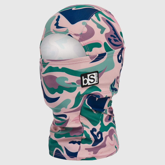 Camouflage-patterned balaclava with a visible brand logo on a light gray background