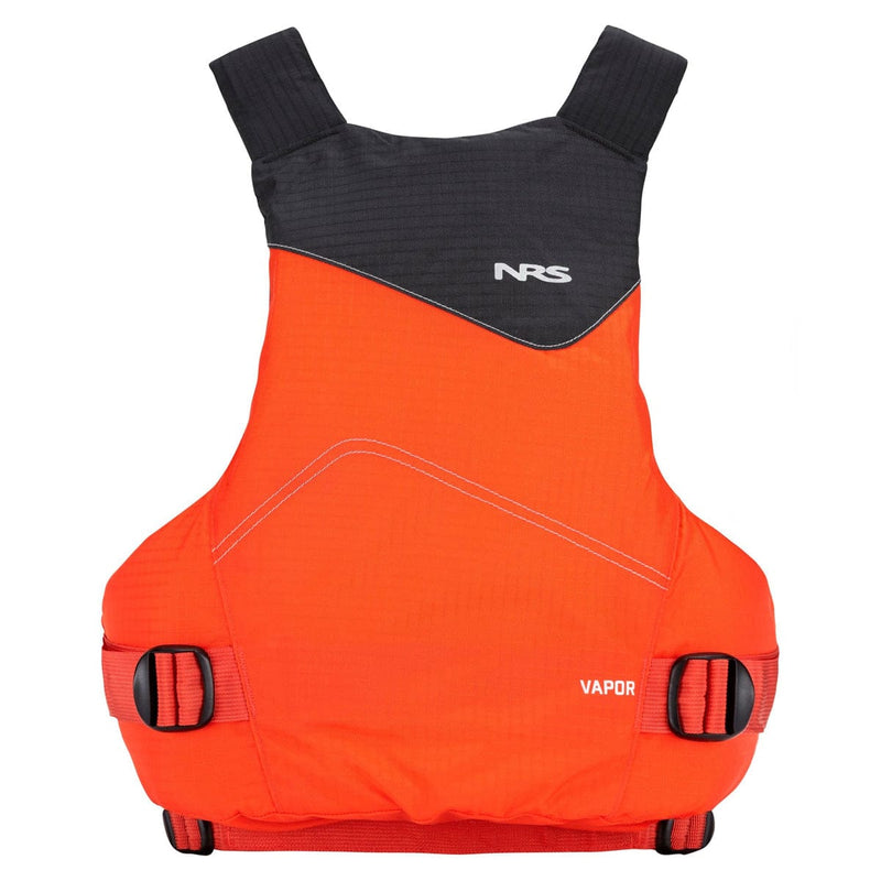 Load image into Gallery viewer, Orange life vest with black straps on a white background, featuring NRS branding.