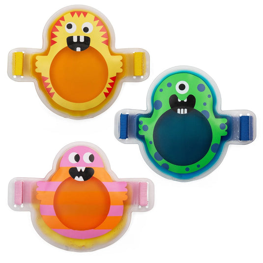 Three colorful monster-shaped clips on a white background