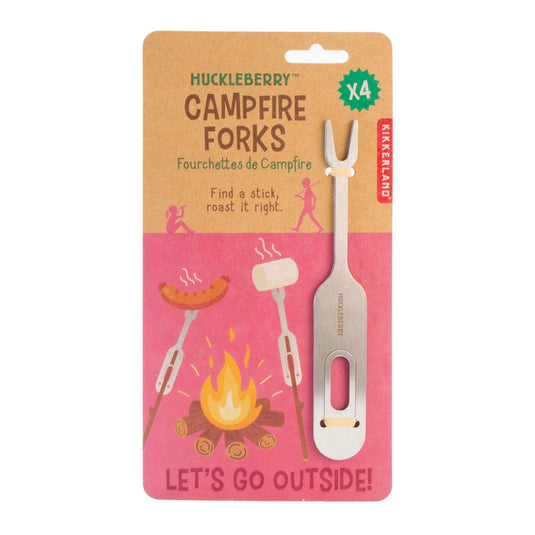 Packaged Huckleberry campfire forks with pink background and branding.