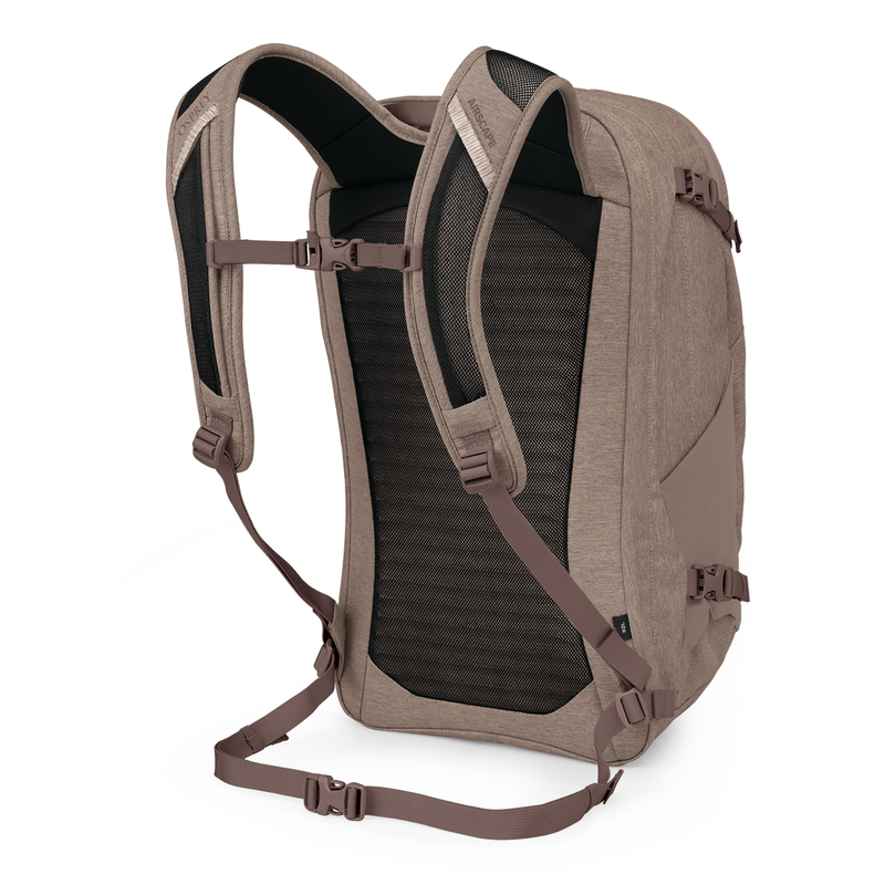 Load image into Gallery viewer, Brown backpack with black mesh padding on a white background