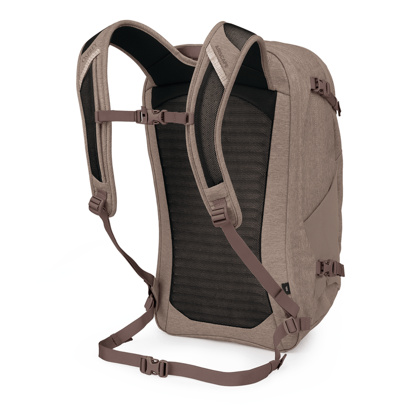 Load image into Gallery viewer, Brown backpack with black mesh padding on a white background