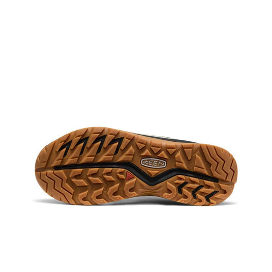 Close-up of a brown shoe sole with tread pattern on a white background