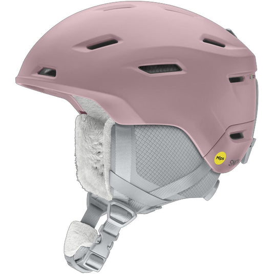 Pink helmet with gray interior and chin strap on a white background