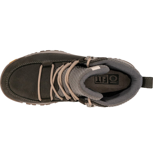 Black and gray boot with laces on a white background