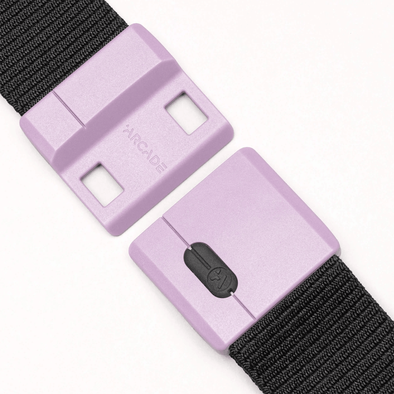 Load image into Gallery viewer, Pair of purple belt buckles with black straps on a white background