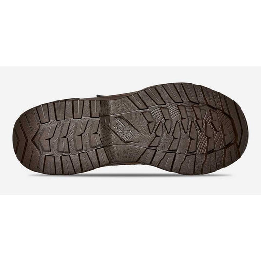 Close-up of a brown shoe sole with tread pattern on a white background