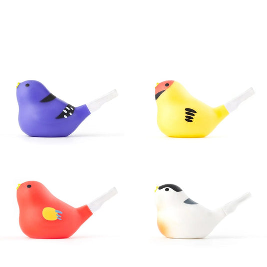 Four colorful bird-shaped noisemakers on a white background