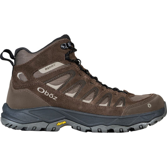 Brown hiking boot with visible Oboz branding on a white background
