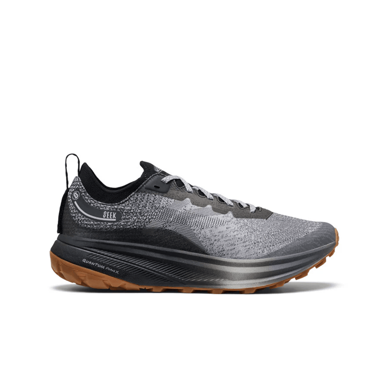 Load image into Gallery viewer, Gray and black running shoe with brown sole on a white background