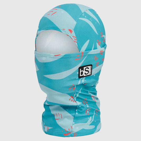 Turquoise patterned balaclava with a brand logo on a white background