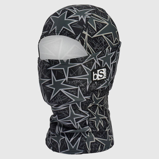 Black star-patterned balaclava with a brand logo on a white background