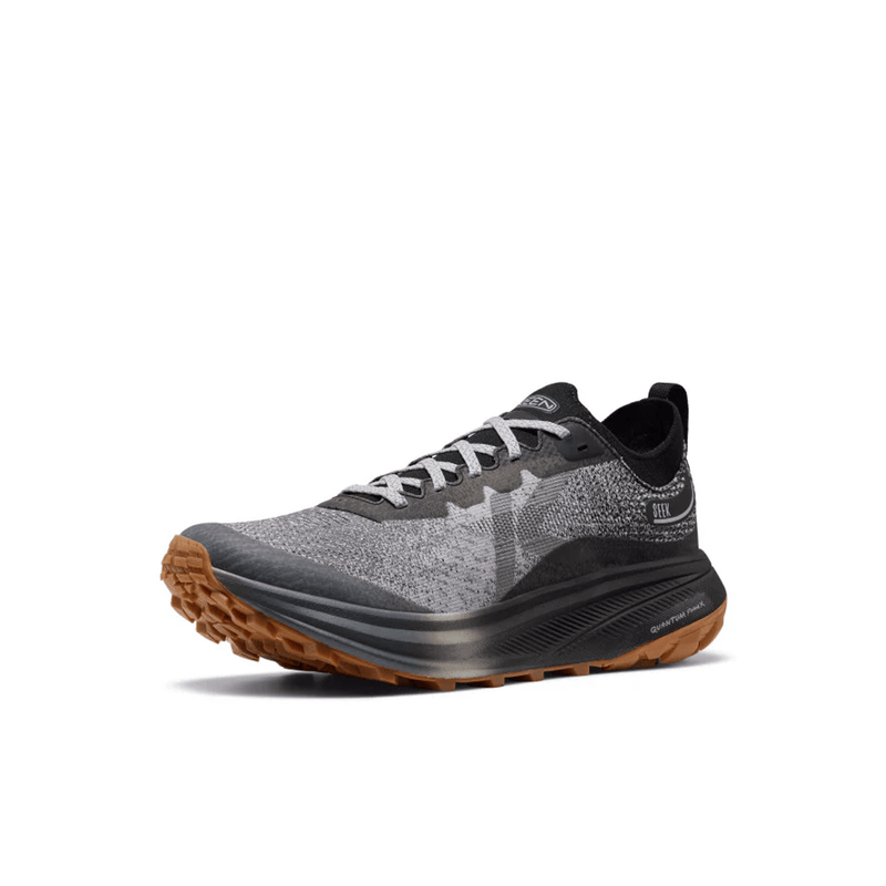 Load image into Gallery viewer, Gray and black running shoe with brown sole on a white background