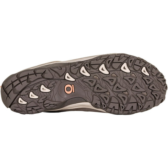 Close-up of a hiking shoe sole with tread pattern on a white background