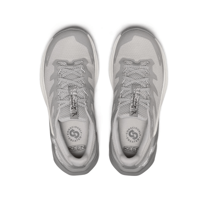 Load image into Gallery viewer, Pair of gray athletic shoes with brand logo on a white background