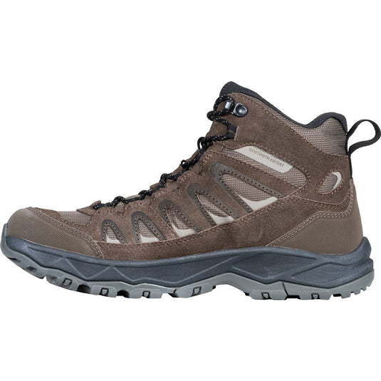 Brown hiking boot with black laces on a white background