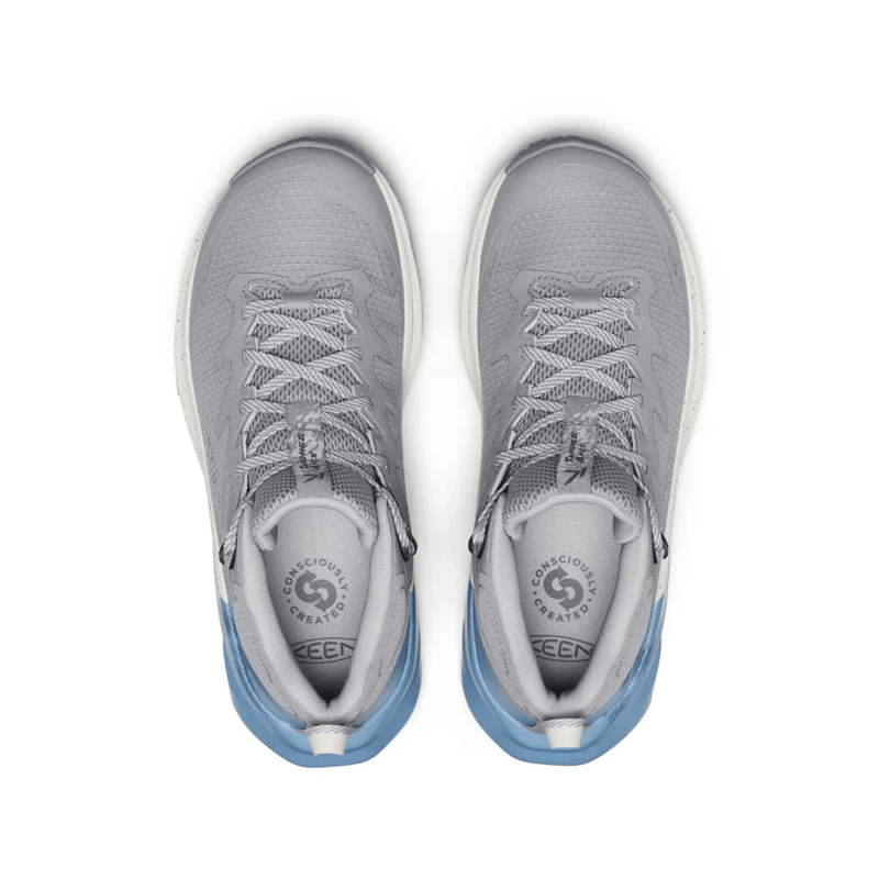 Load image into Gallery viewer, Gray athletic shoes with blue soles on a white background