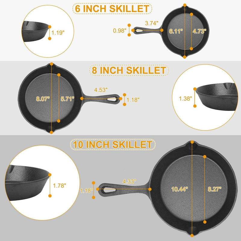 Load image into Gallery viewer, 3Pcs Pre-Seasoned Cast Iron Skillet Set 6/8/10in Non-Stick by Blak Hom