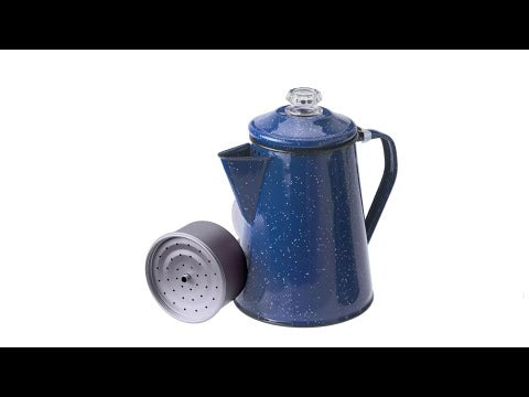 Load and play video in Gallery viewer, GSI Outdoors Pioneer 8 Cup Blue Enamelware Coffee Percolator
