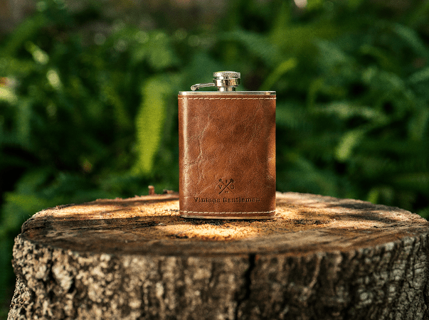 Load image into Gallery viewer, Leather Wrapped VG Stainless Steel Flask by Vintage Gentlemen
