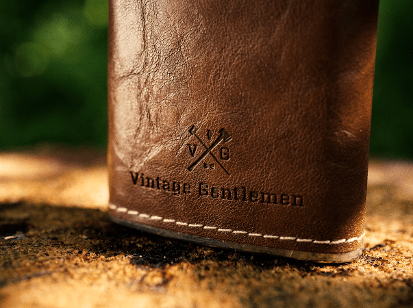 Load image into Gallery viewer, Leather Wrapped VG Stainless Steel Flask by Vintage Gentlemen