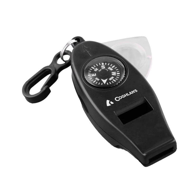 Load image into Gallery viewer, Black whistle with compass and keychain on a white background
