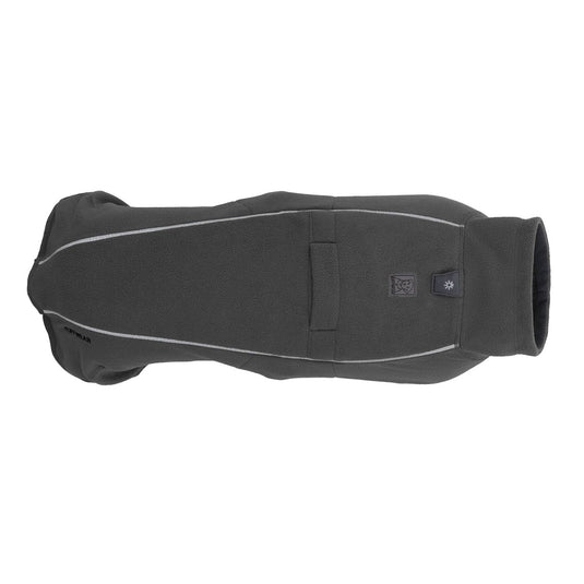 Black dog coat with reflective stripes on a white background