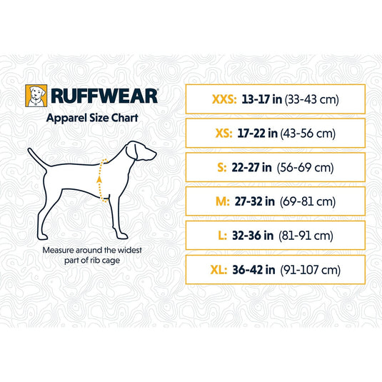 Ruffwear size chart for dog apparel with a diagram of a dog and measurement guide.