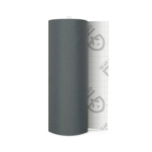 Roll of gray vinyl wrap with a branded logo on a white background