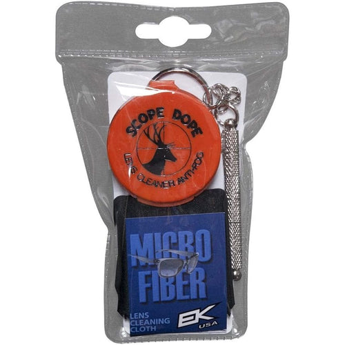 Packaged scope cleaning kit with orange scope cover and blue microfiber cloth on a white background
