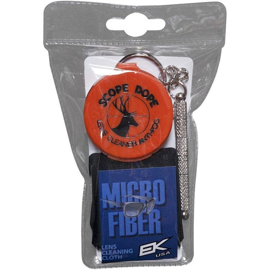 Packaged scope cleaning kit with orange scope cover and blue microfiber cloth on a white background