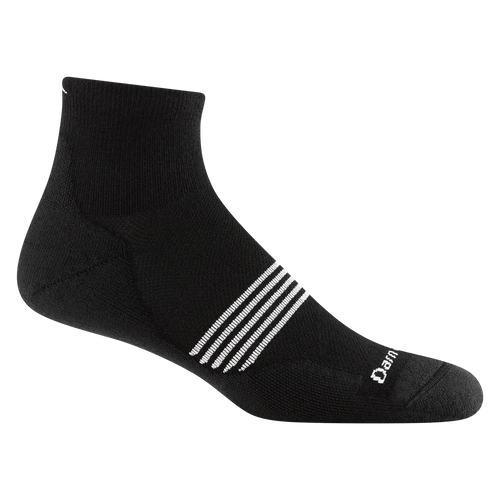 Black ankle sock with white stripes on a white background