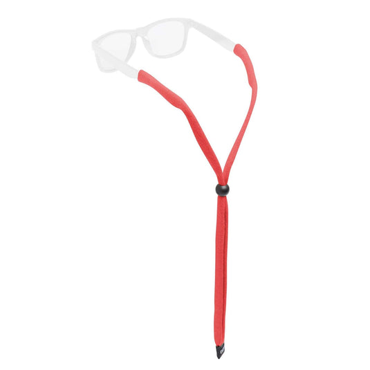 Red glasses strap with a black bead on a white background