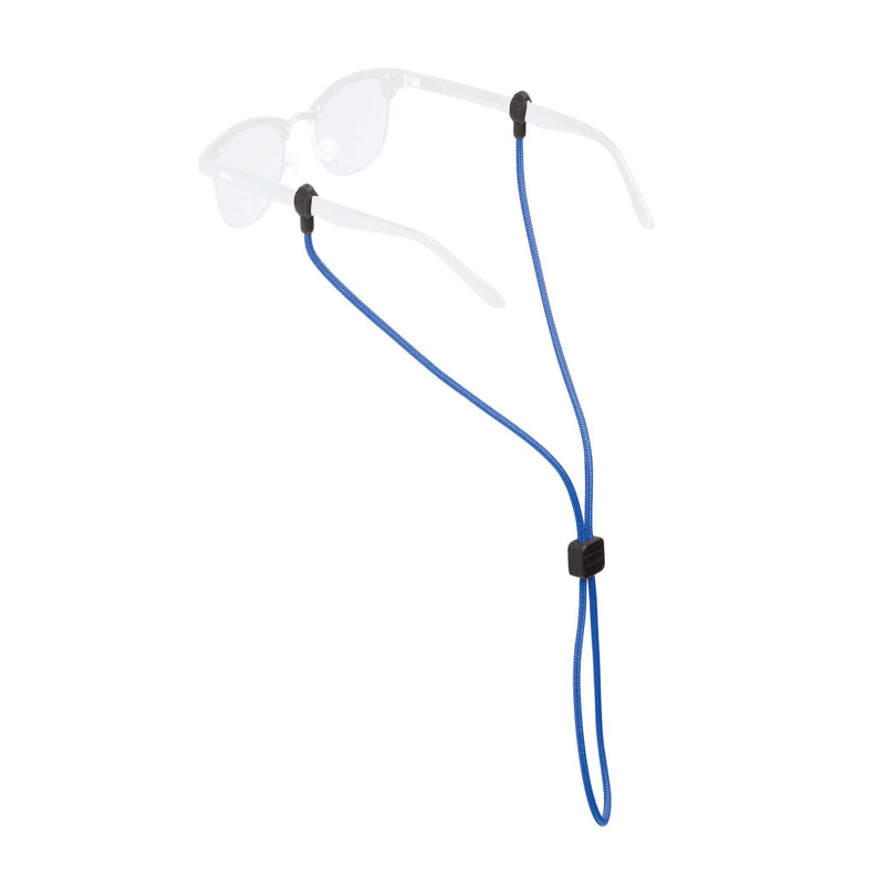 Load image into Gallery viewer, A blue elastic sunglasses strap with black plastic connectors and a black sliding buckle, shown with clear-framed sunglasses on a plain white background.
