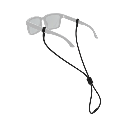 Black elastic sunglasses strap with a toggle clasp, shown attached to the arms of translucent gray sunglasses on a plain white background.