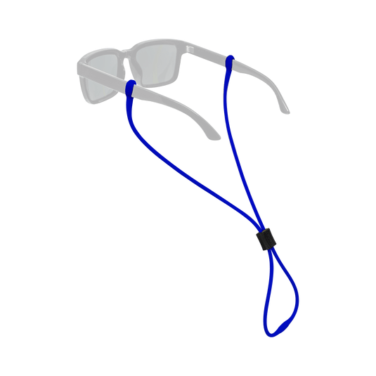 A pair of light gray sunglasses with a bright blue adjustable neck strap and a small black slider, shown on a plain white background.