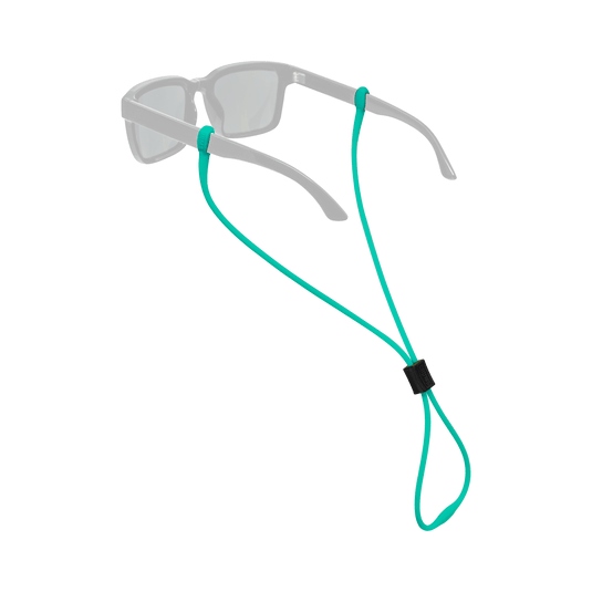 A pair of translucent gray sunglasses with a bright teal adjustable chin strap and a small black slider, shown on a plain white background.