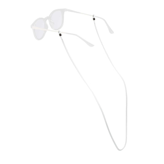 White sunglasses with a matching thin neck strap, shown from a side angle on a solid white background.