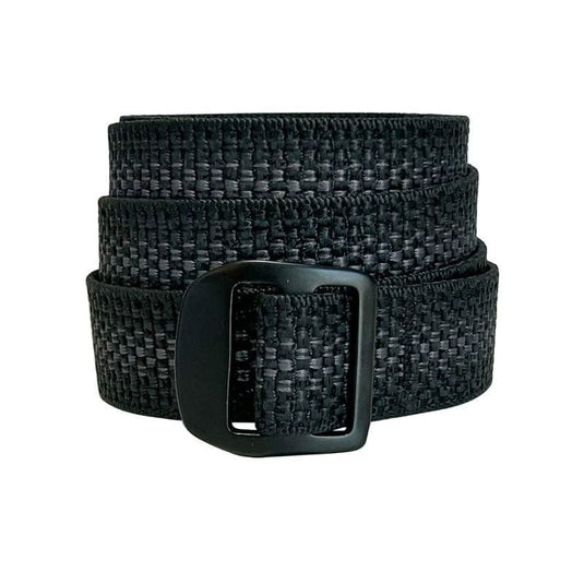 Black woven belt with a black buckle on a white background